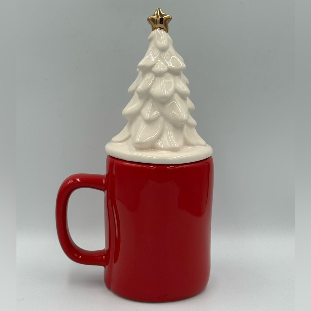 Rae Dunn Red Christmas Stoneware Mug with White Tree Topper - Picture 3 of 9